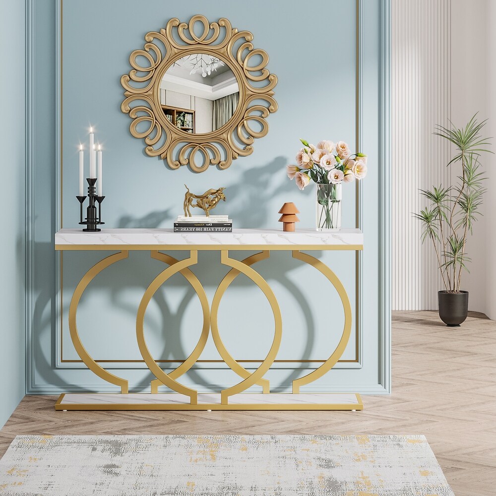 55 inch Gold Console Table  Faux Marble Entryway Table Narrow Long Sofa Table  Modern Accent Table for Living Room