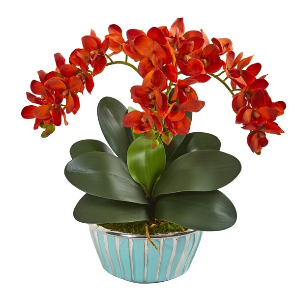 Phalaenopsis Orchid Artificial Arrangement in Designer Turquoise Vase