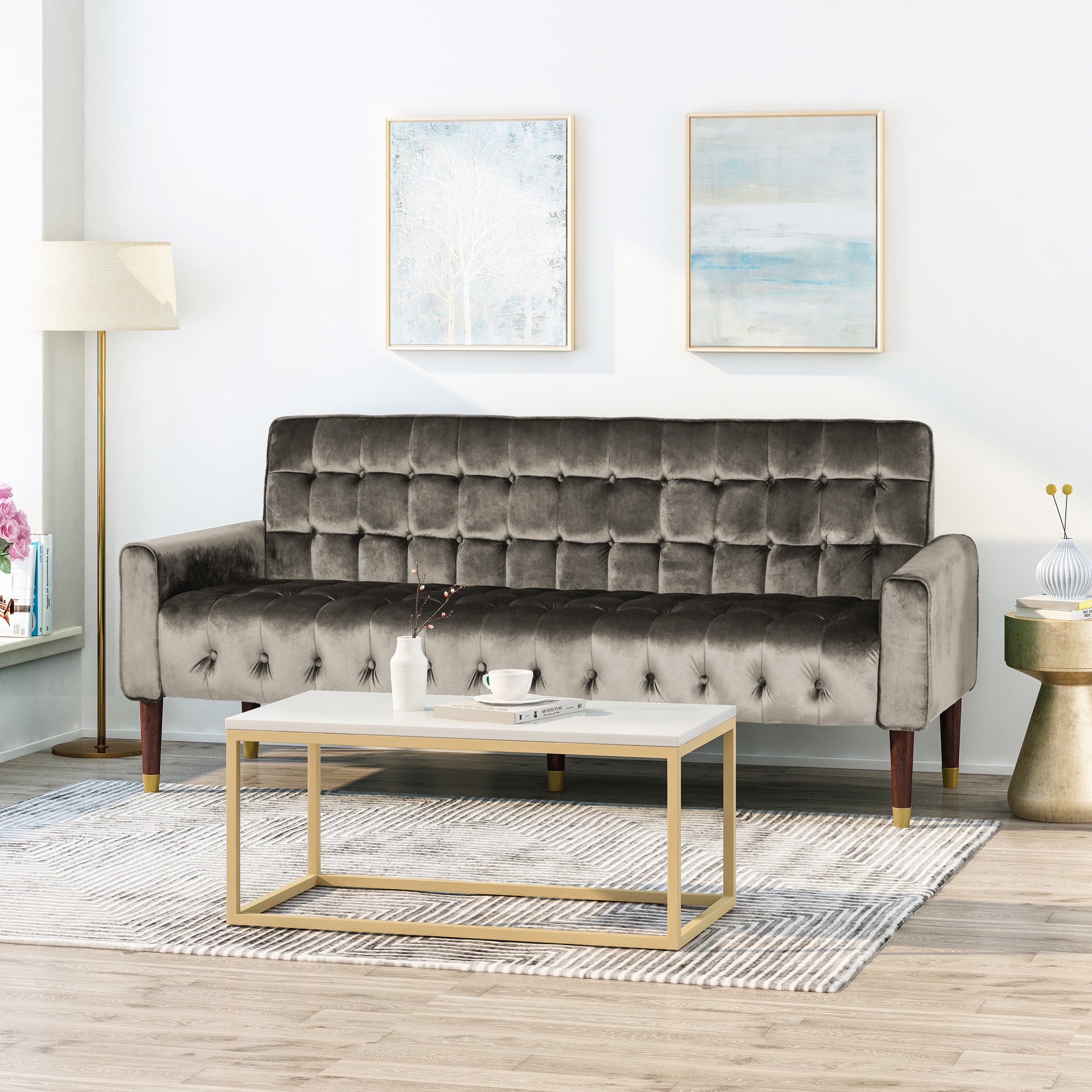 Adan Tufted Velvet Sofa with Gold Tipped Tapered Legs