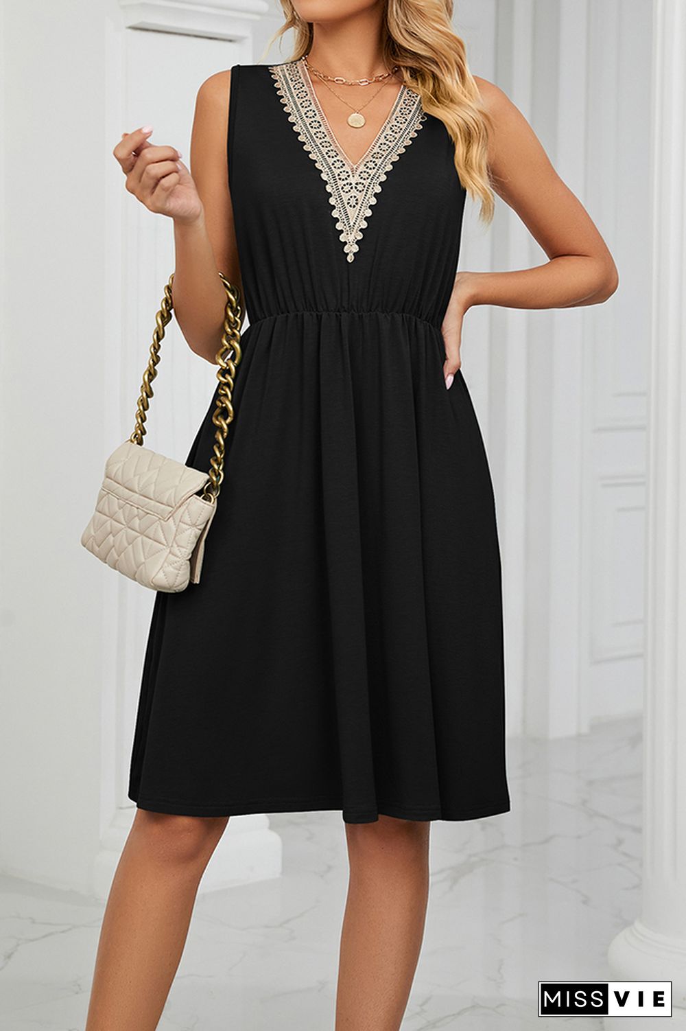 V Neck Lace Edge High Waist Pockets Sleeveless Tank Dress