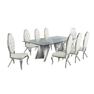 Best Quality Furniture Becky 9-Piece Rectangular Glass Top with Stainless Steel Base Table Set with 8-White Faux Leather Chairs with Crystals D03-8SC60