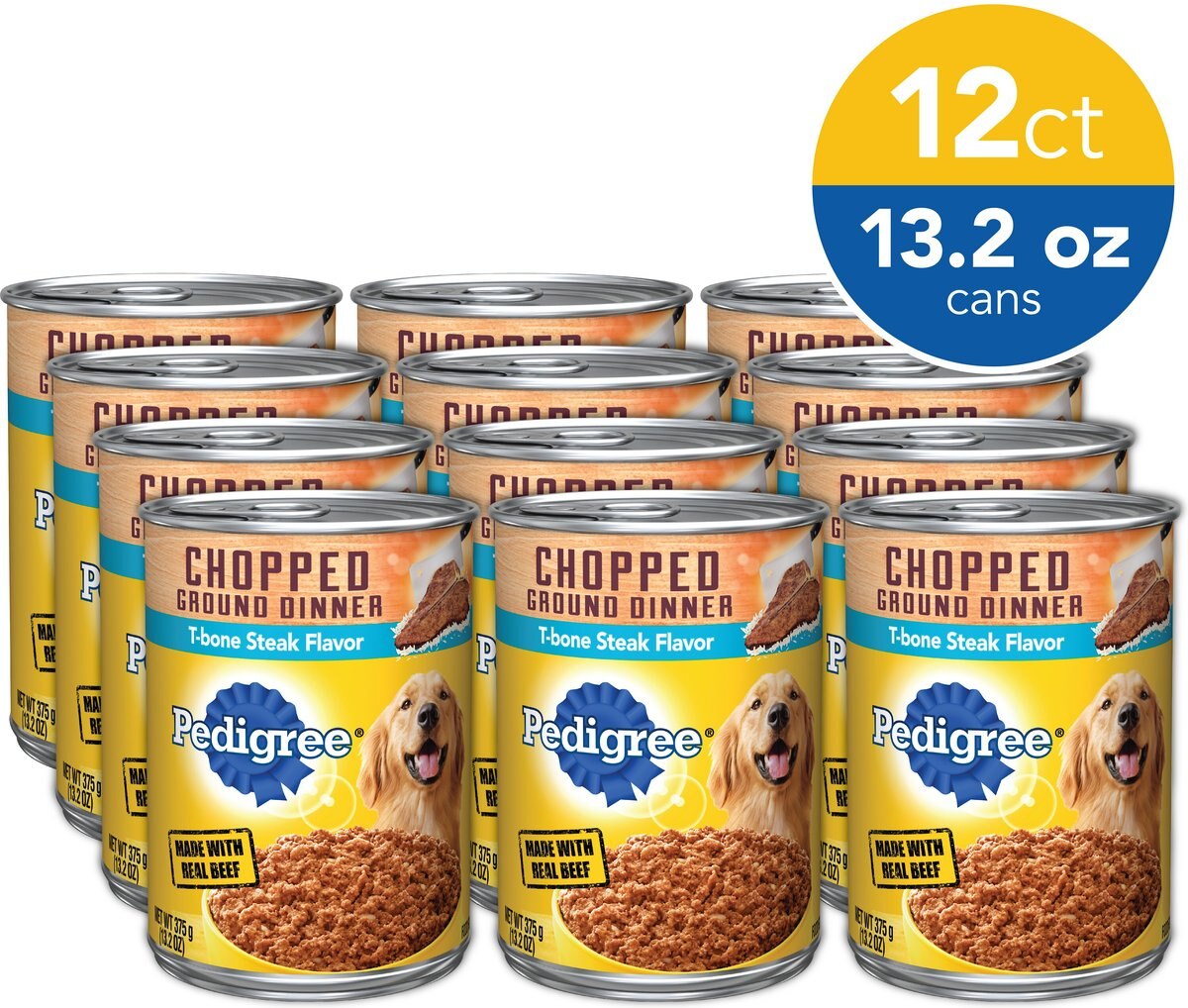 Pedigree Chopped Ground Dinner T-Bone Steak Flavor Adult Canned Wet Dog Food， 13.2 oz， case of 12