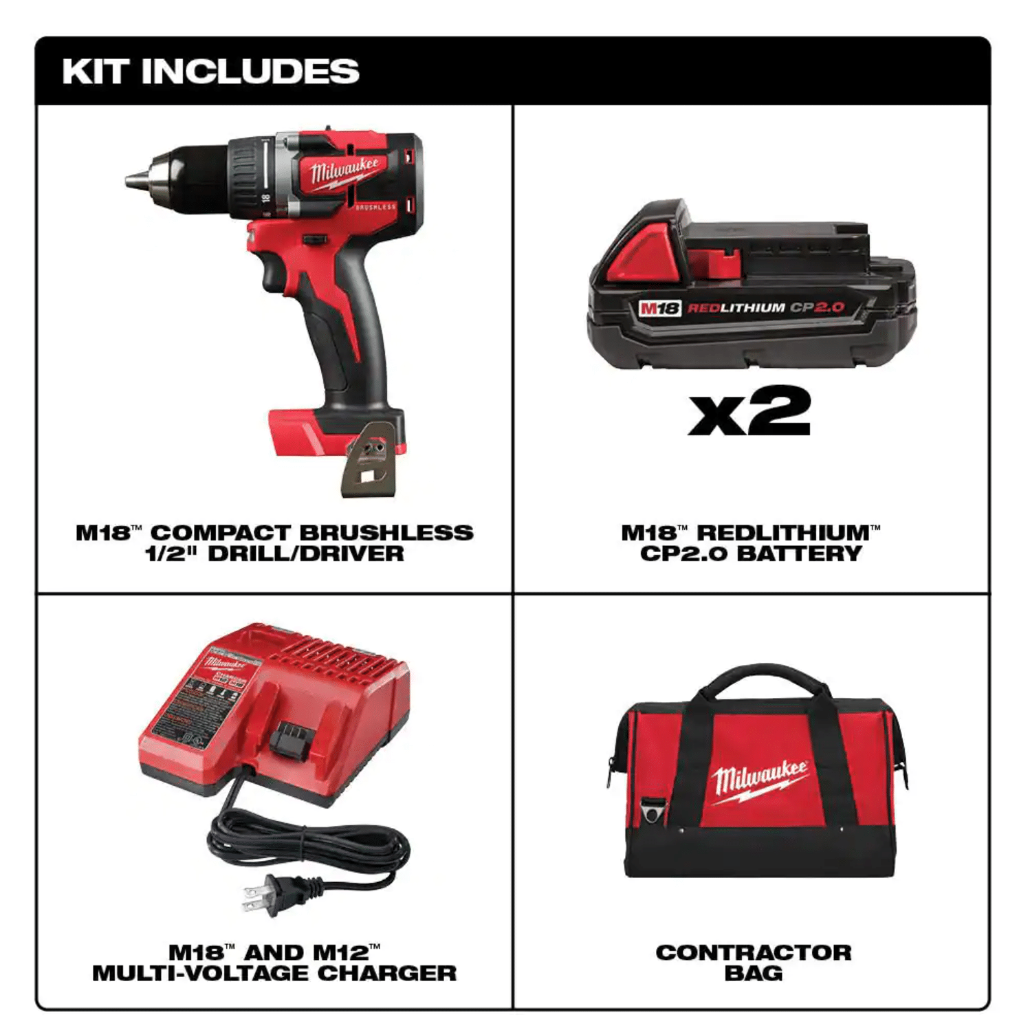 Milwaukee M18 18-Volt Lithium-Ion Brushless Cordless 1/2 in. Compact Drill/Driver Kit with (2) 2.0 Ah Batteries， Charger and Case (2801-22CT)