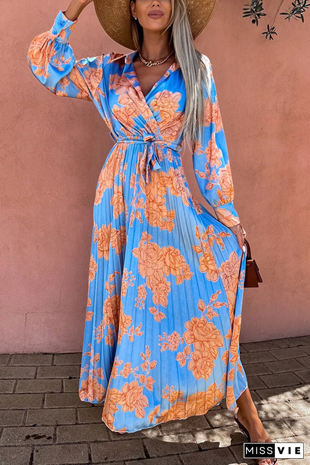 Floral Belted Long Sleeve Maxi Dress