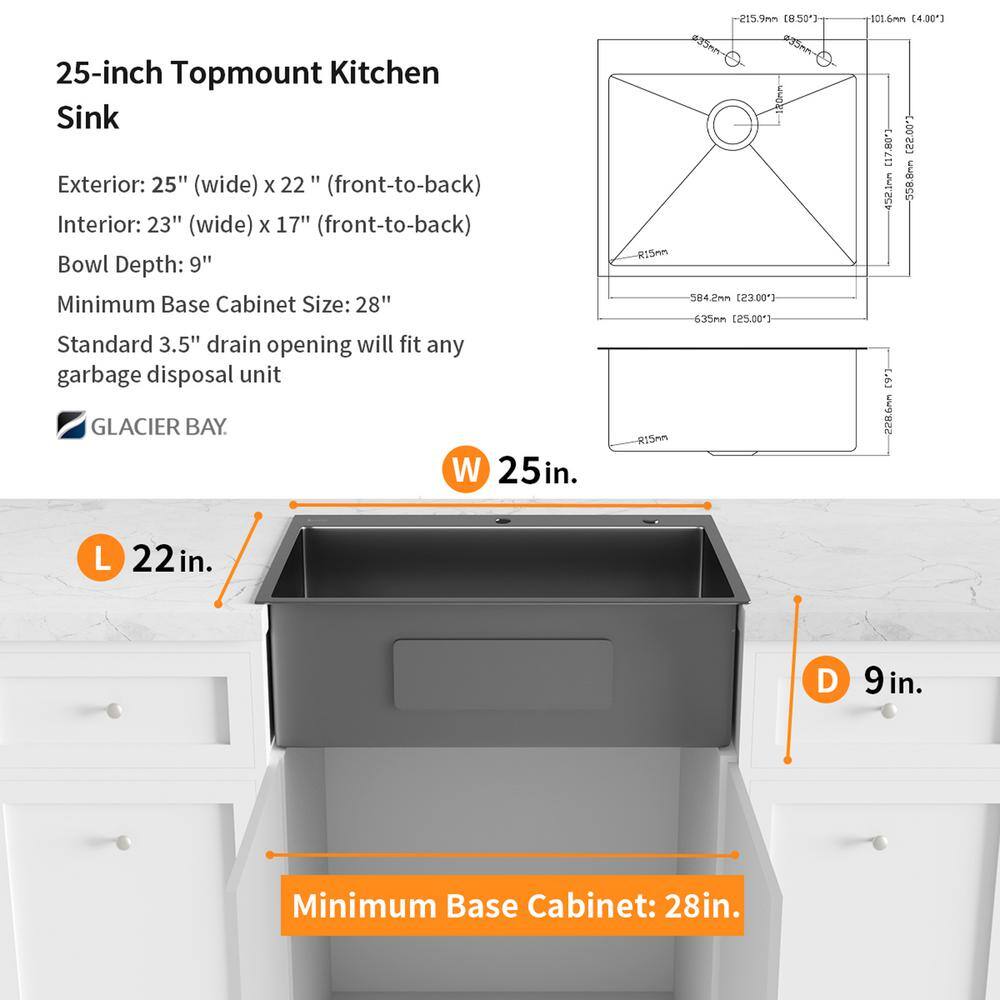 Glacier Bay Gunmetal Black Stainless Steel 25 in. 18 Gauge Single Bowl Dual Mount Kitchen Sink with Black Spring Neck Faucet ACS2522A1T-F