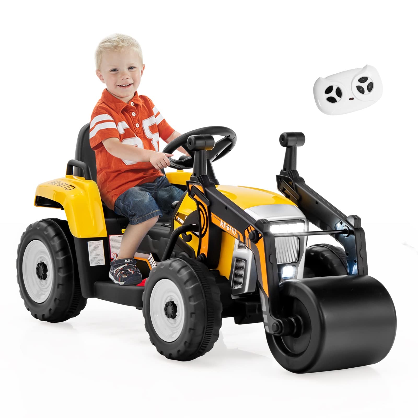 Costzon Ride on Car, 12V Road Roller with Remote Control, Battery Powered Electric Tractor