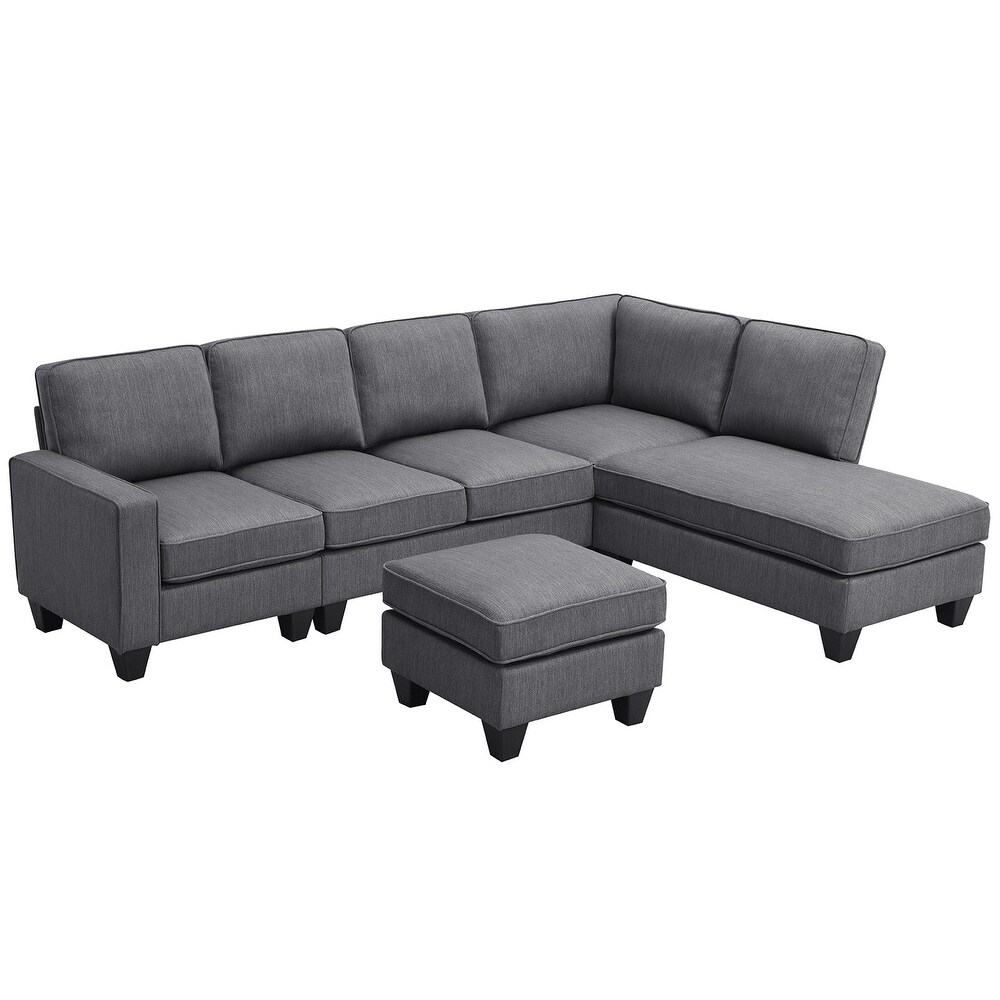 7 Seat Sectional Sofa Linen Fabric Couch Set with Ottoman