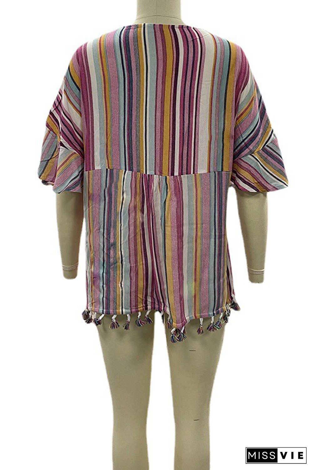 Colorful Stripe Print V-neck With Tassels Dress Cover Up Wholesale