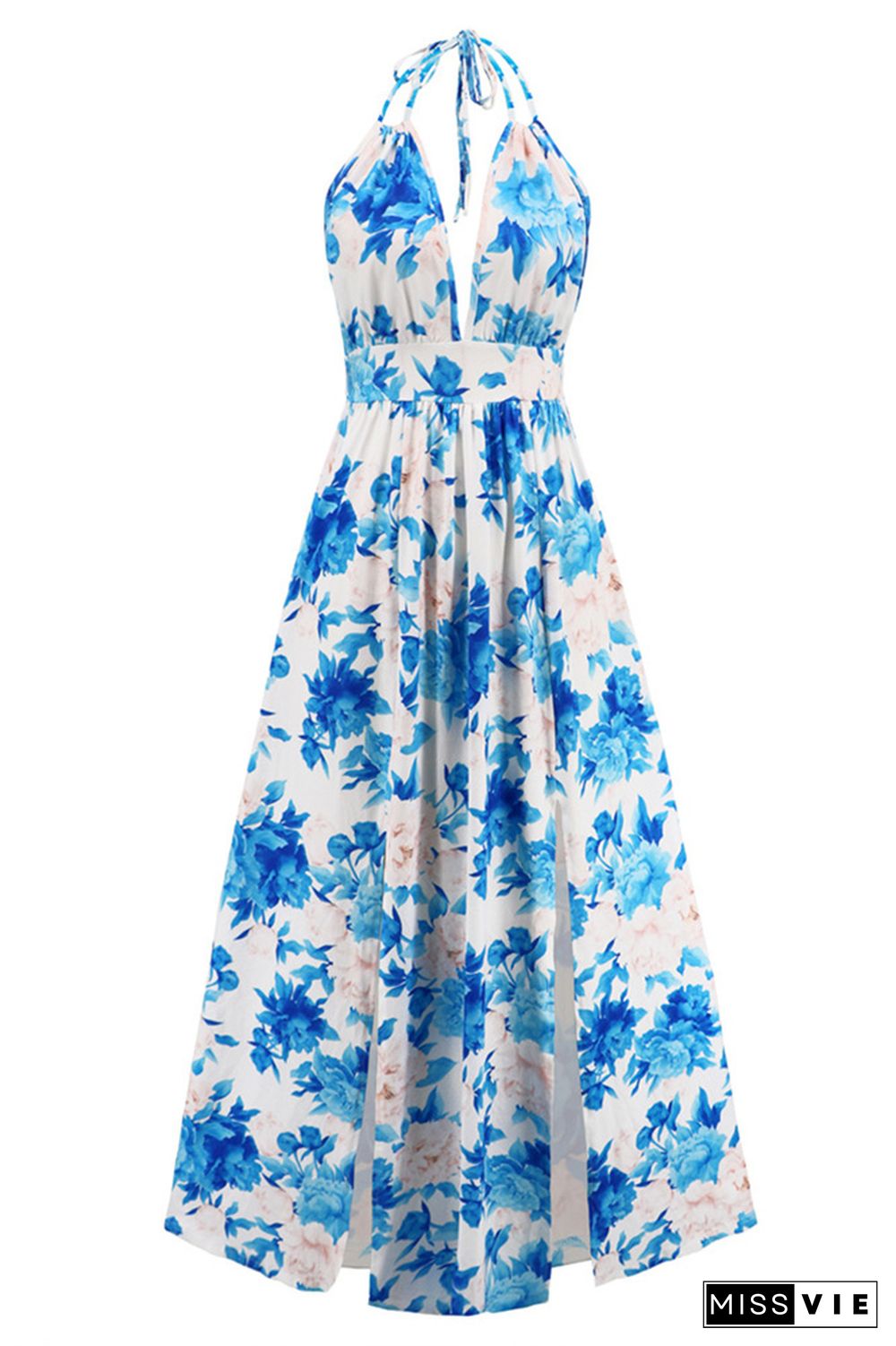 V Neck Halter Backless High Split Floral Maxi Dress