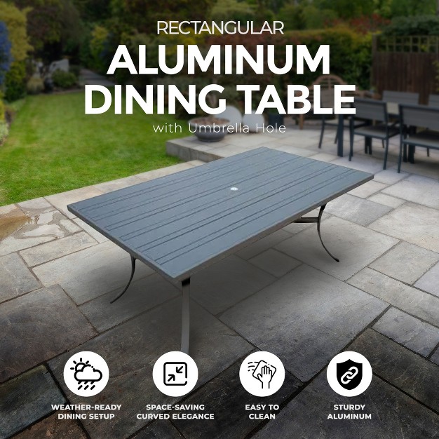 Rectangular Dining Table Outdoor Backyard Patio Bistro Aluminum Slate Tabletop Furniture W Umbrella Hole Black