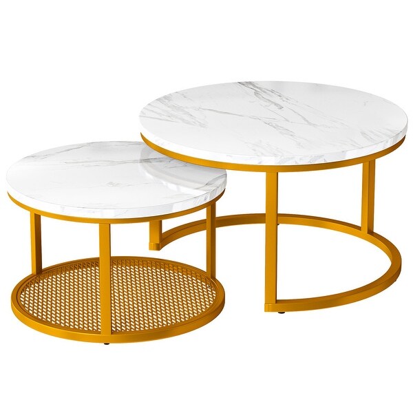 Stylish Round Coffee Table Set Nesting Coffee Tables with Metal Frame and 1 Metal Mesh Shelf (Set of 2)