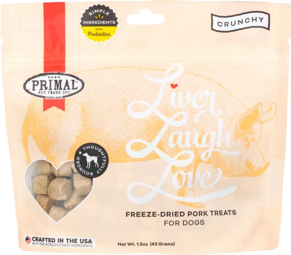 Primal Liver， Laugh， Love Simply Pork Flavored Crunchy Dog Treats， 1.5-oz bag