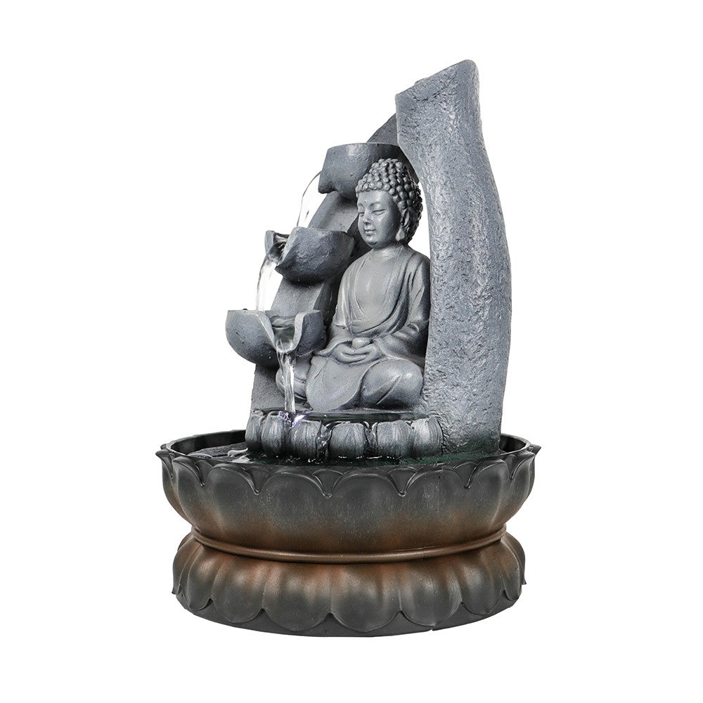 Willwolf Indoor Zen Buddha Fountain with LED Light，Indoor TableTop Water Fountain for Home and Office，Resin Waterfall，Buddha Statue Decor