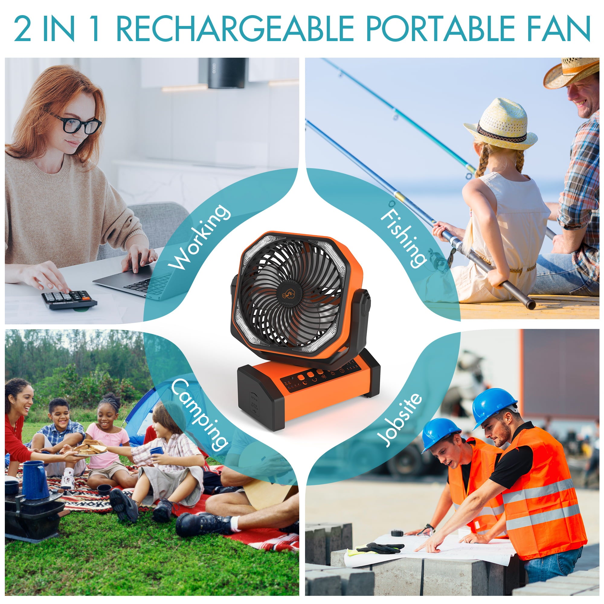 20000mAh Camping Fan with LED Light, Rechargeable Battery Operated Tent Fan, Auto-Oscillating Desk Fan with Remote & Hook, 4 Powerful Speeds 4 Timers USB Fan for Camping Jobsite Hurricane-Orange