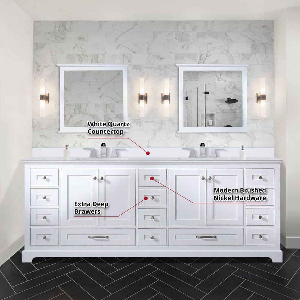 Lexora Dukes 84 in. W x 22 in. D White Double Bath Vanity White Quartz Top and 34 in. Mirrors LD342284DAWQM34