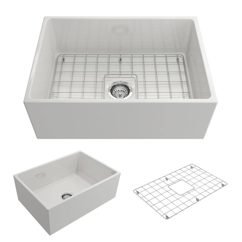 BOCCHI Contempo Farmhouse Apron Front Fireclay 27 in. Single Bowl Kitchen Sink with Bottom Grid and Strainer in White 1356-001-0120