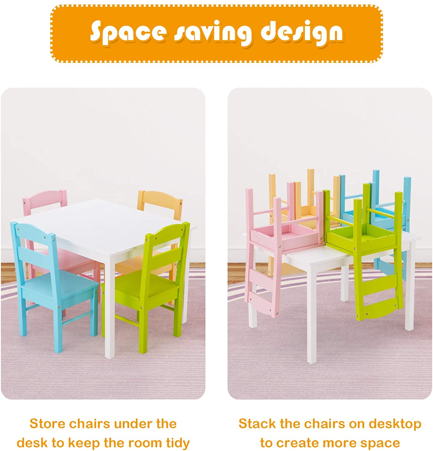 Kids Table and Chair Set, 5 Piece Wood Activity Table & Chairs for Children Arts