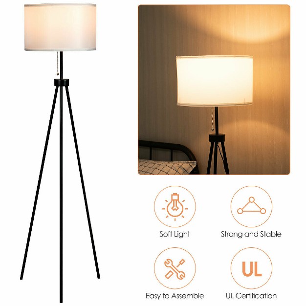 Metal Tripod Floor Lamp Contemporary Minimalist Standing Floor Light With Iron Legs Fabric Drum Shade E26 Lamp Base