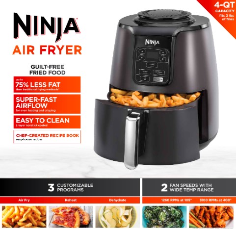 Ninja 4QT Air Fryer， Black， AF100WM