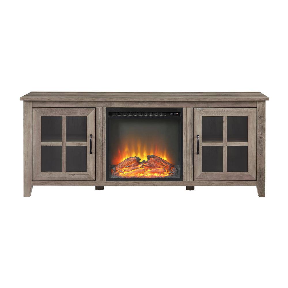 Welwick Designs 58 in. Grey Wash Wood and Glass Transitional 2-Door Windowpane Fireplace TV Stand Fits TVs up to 65 in. HD9150