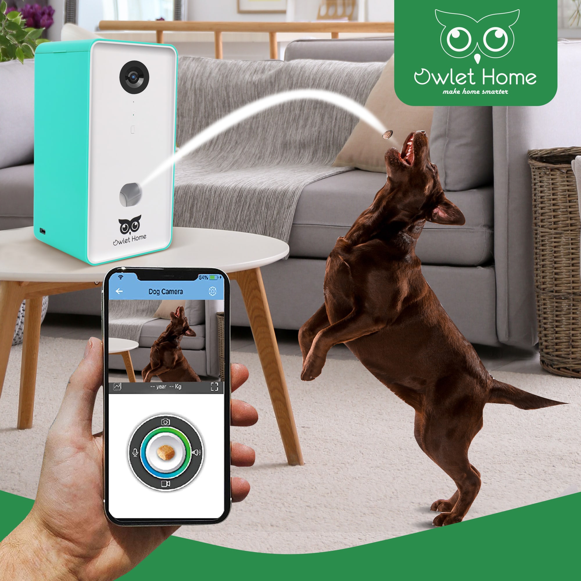 OWLET HOME Blue Pet Camera with Treat Dispenser for Dogs