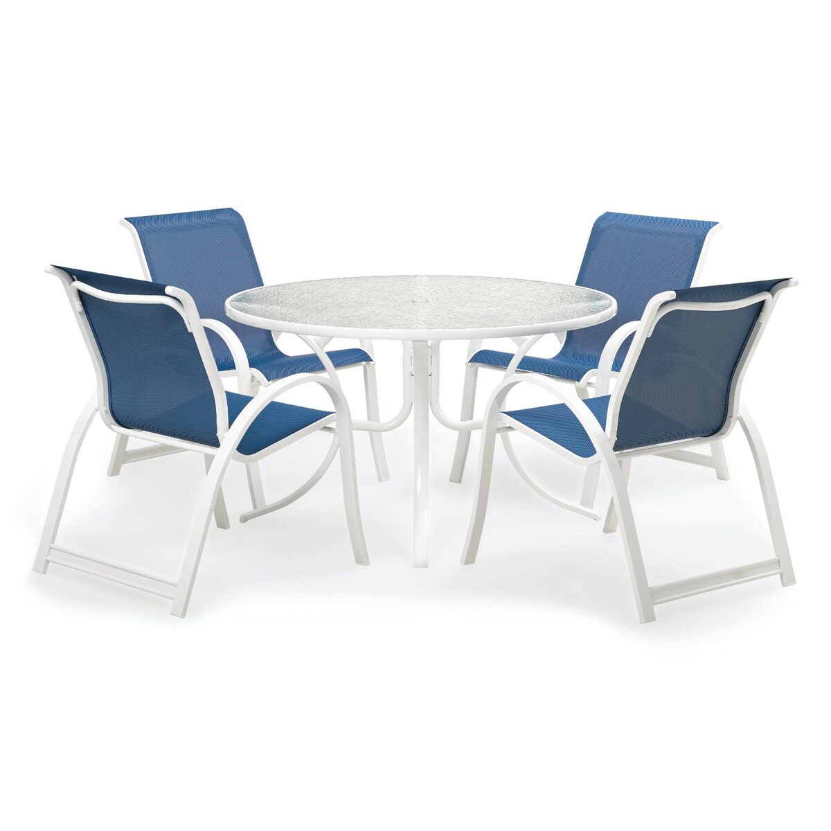 Aruba II 5 Piece Aluminum Patio Dining Set With 48 Inch Round Table and Stacking Chairs By Telescope Casual