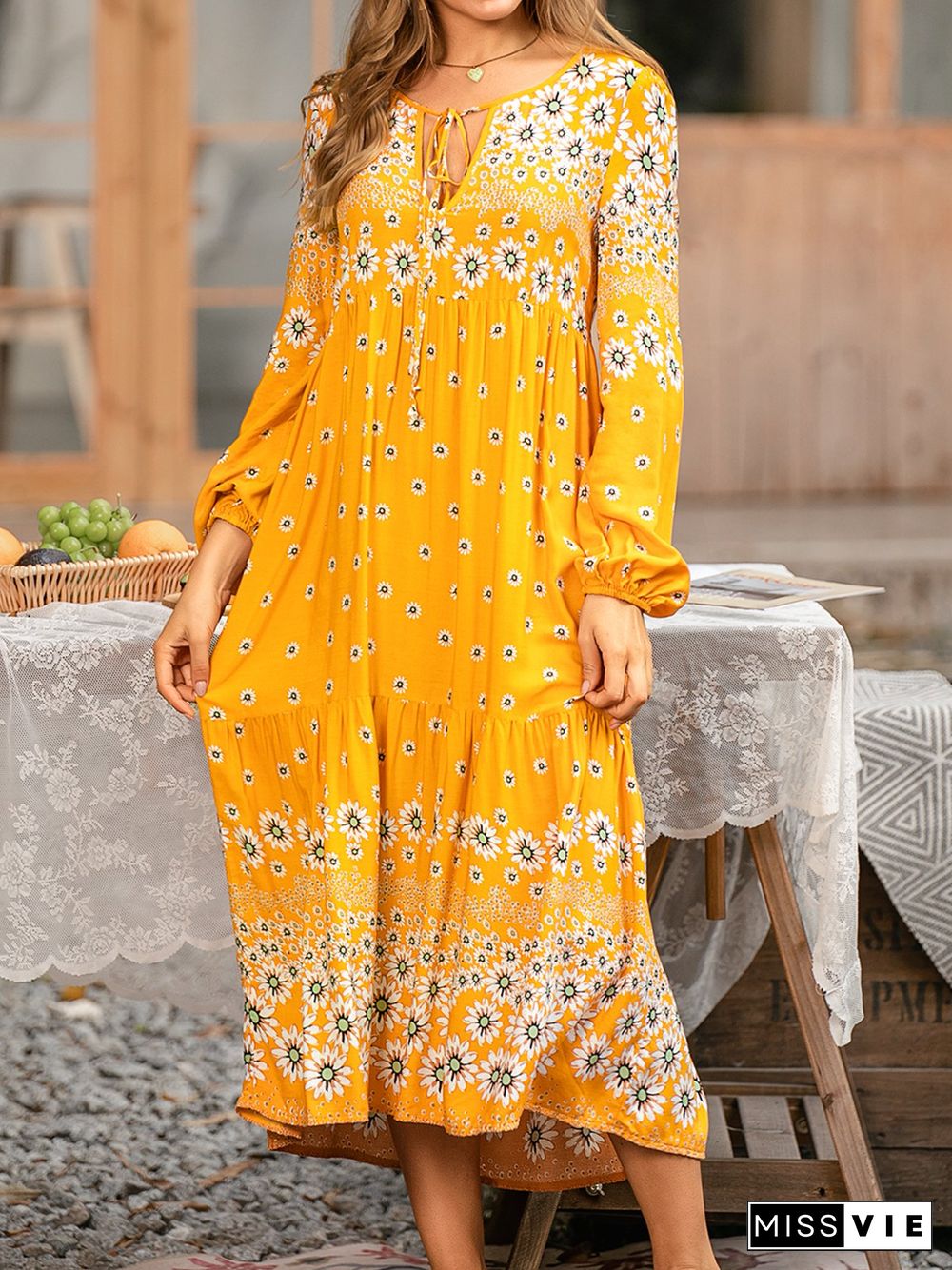 Floral Shift Long Sleeve Boho Weaving Dress