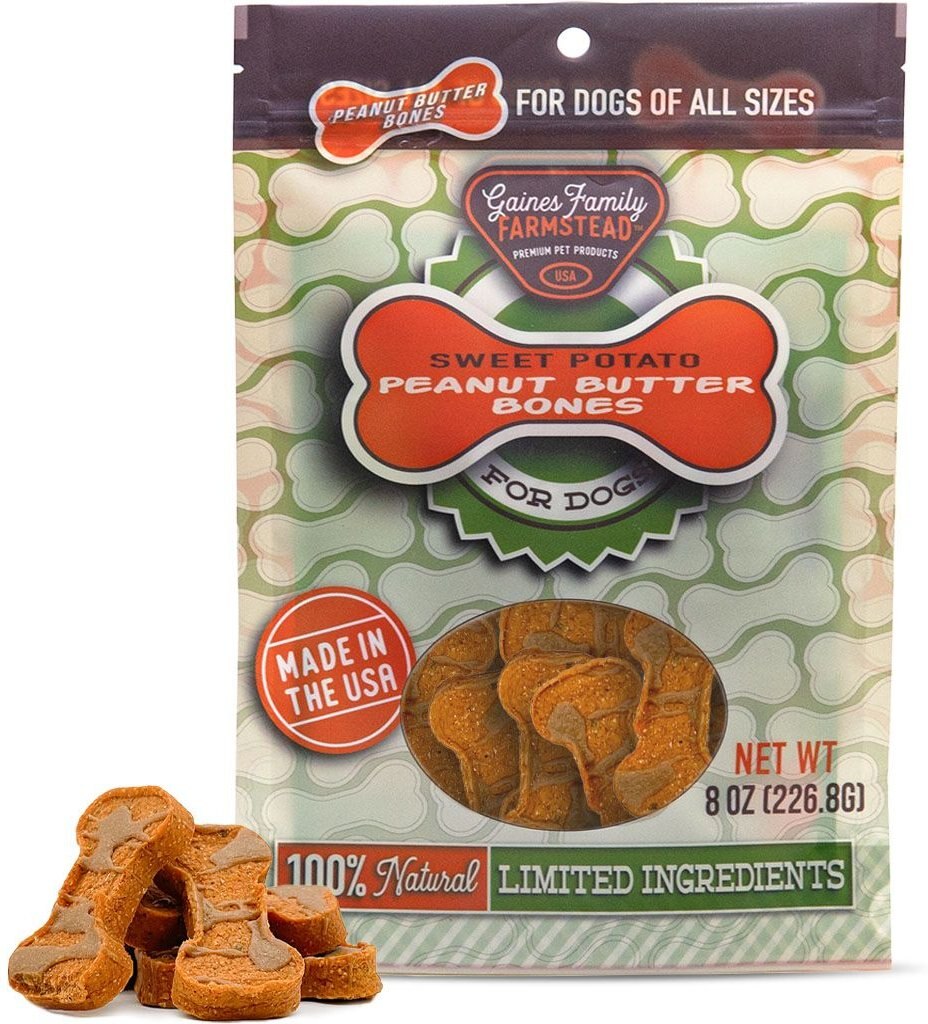 Gaines Family Farmstead Sweet Potato Peanut Butter Topped Bones Grain-Free Dog Treats， 8-oz bag