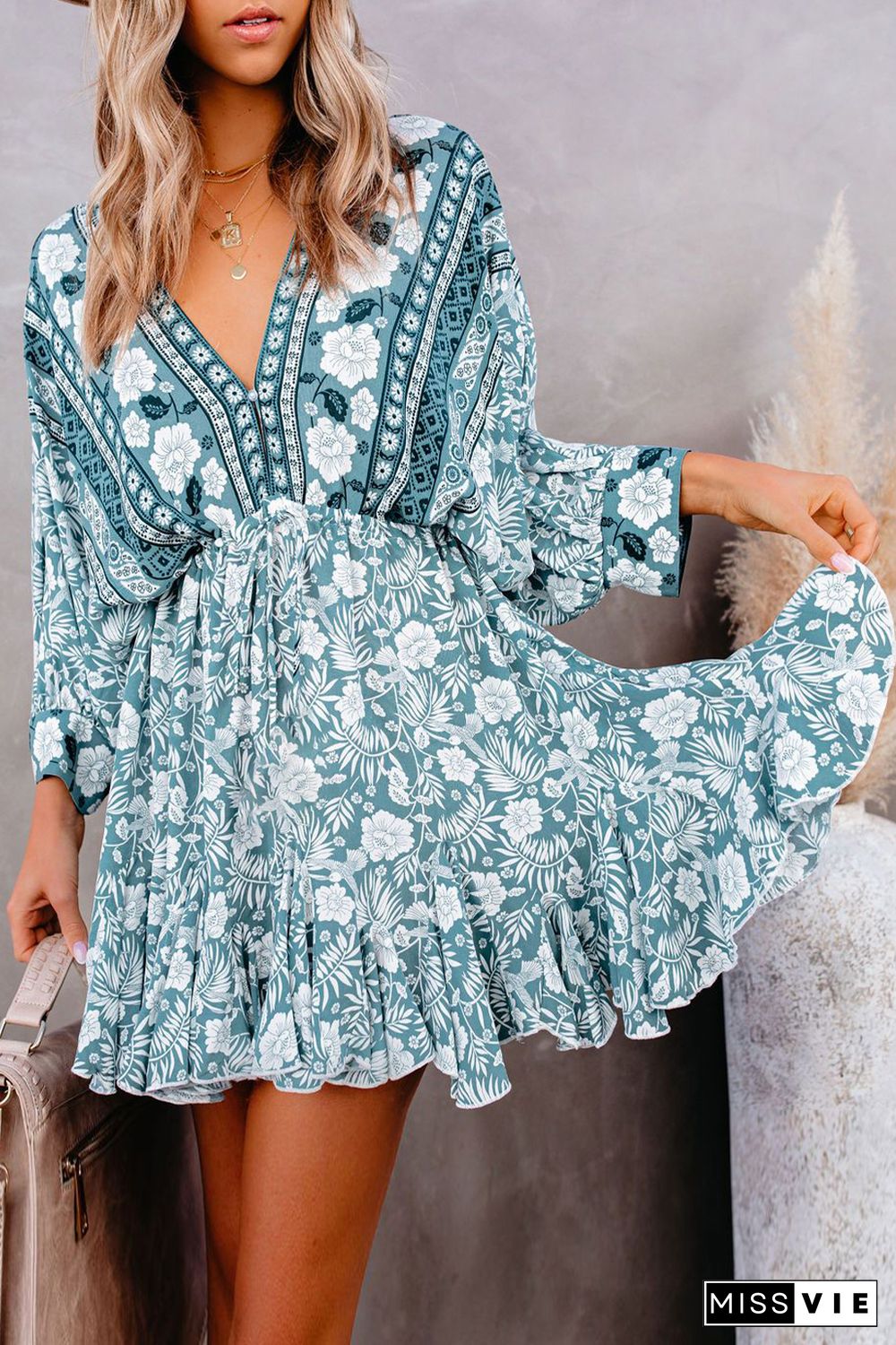 Green V Neck 3/4 Sleeve Bohemian Vintage Print Mini Dress