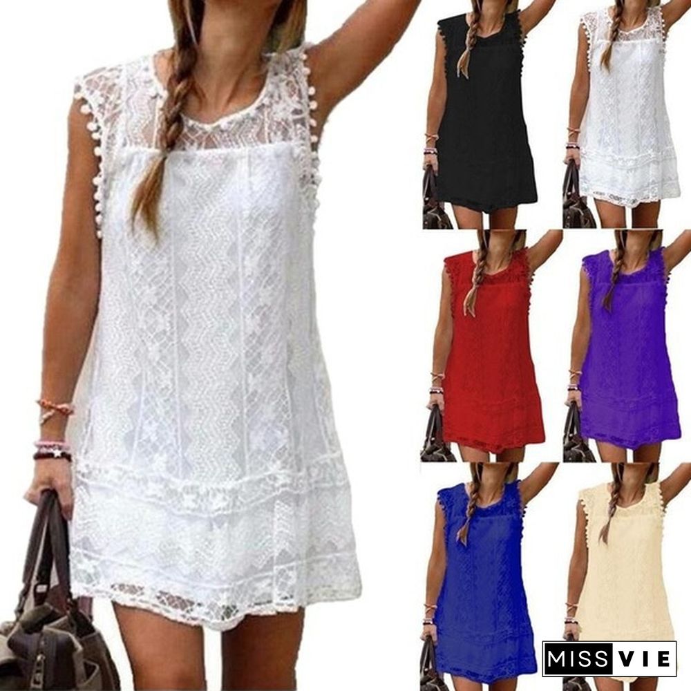 Fashion Summer Dress Sexy Women Casual Sleeveless Beach Short Dress Tassel Solid White Mini Lace Dress Plus Size