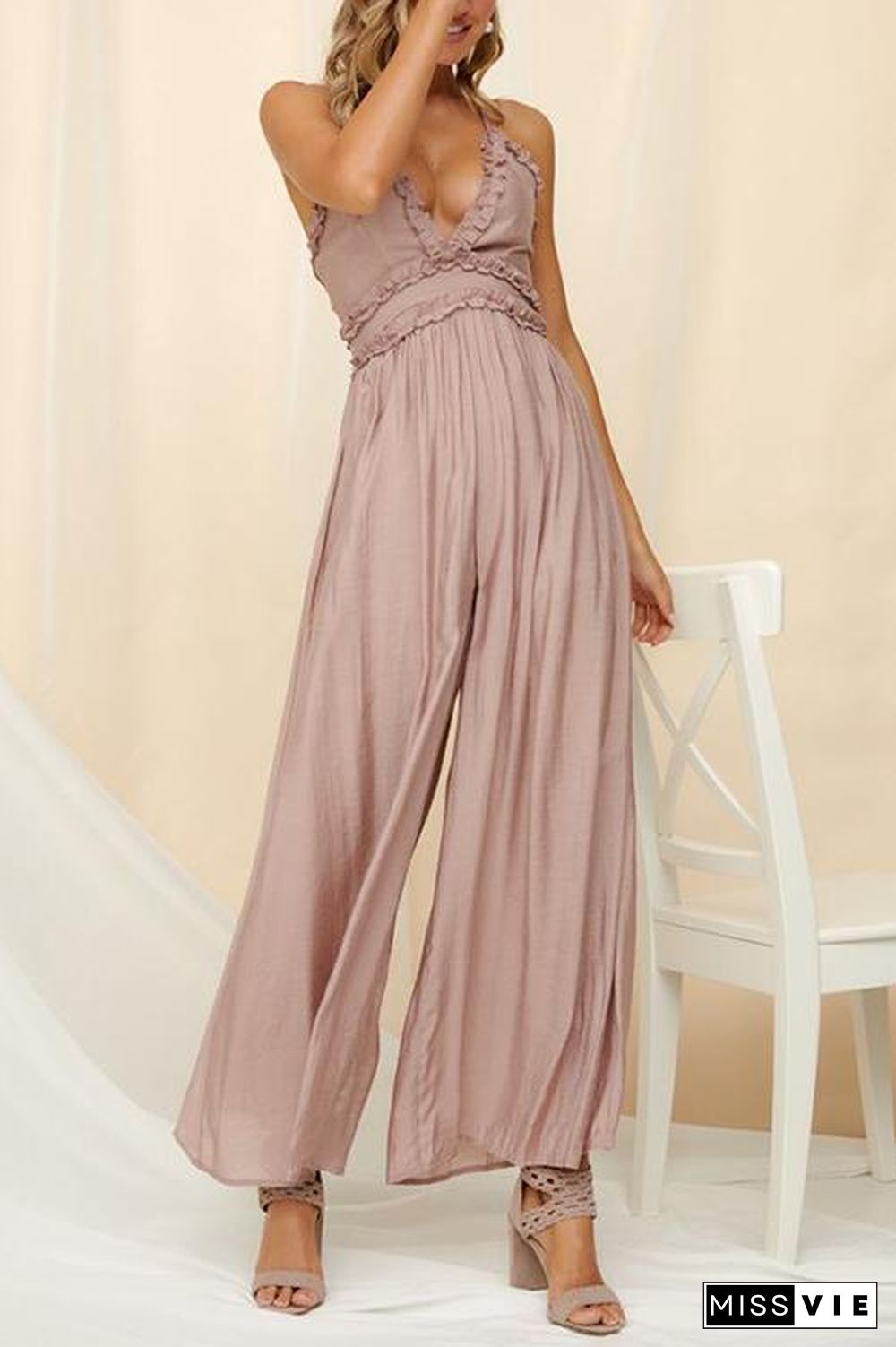 Ruffles V Neck Backless Slip Jumpsuits