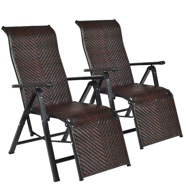 Costway 2pcs Patio Rattan Folding Lounge Chair Recliner Back Adjustable Beach Yard Pool