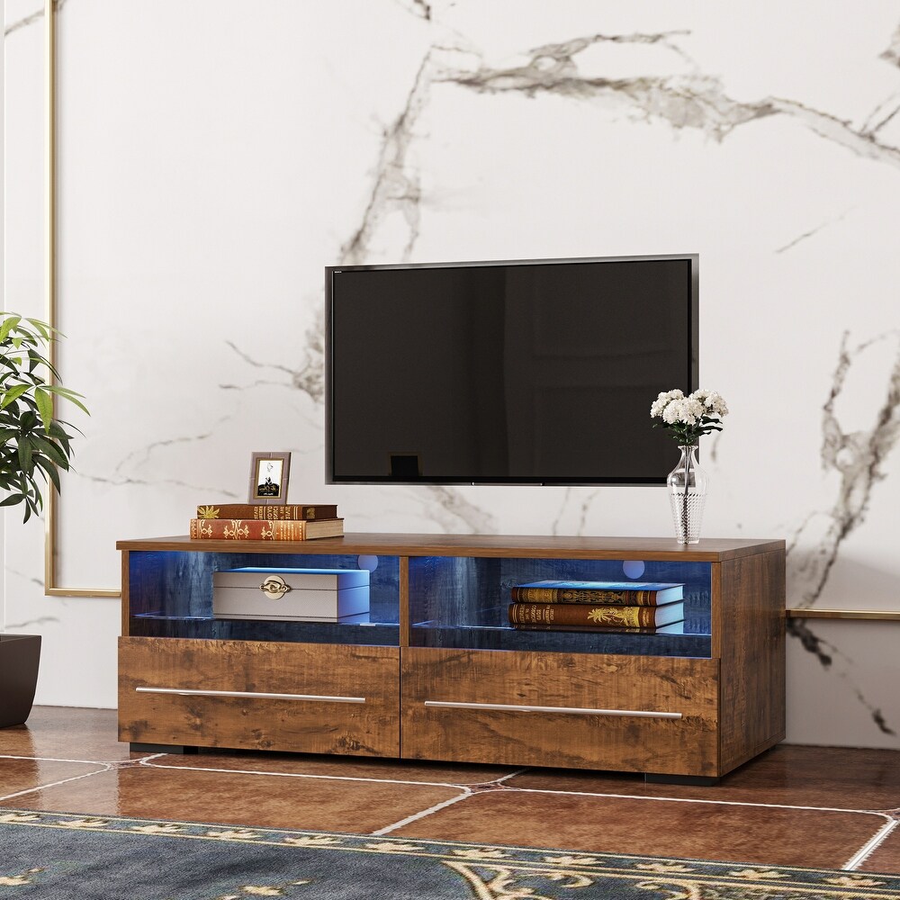 Modern TV Console with 16 Color LED Remote Control Lights Media Console Entertainment Center with 2 Drawers   2 Open Shelves