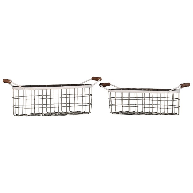 Set Of 2 Oblong Metal amp Wood Handled Baskets Foreside Home amp Garden