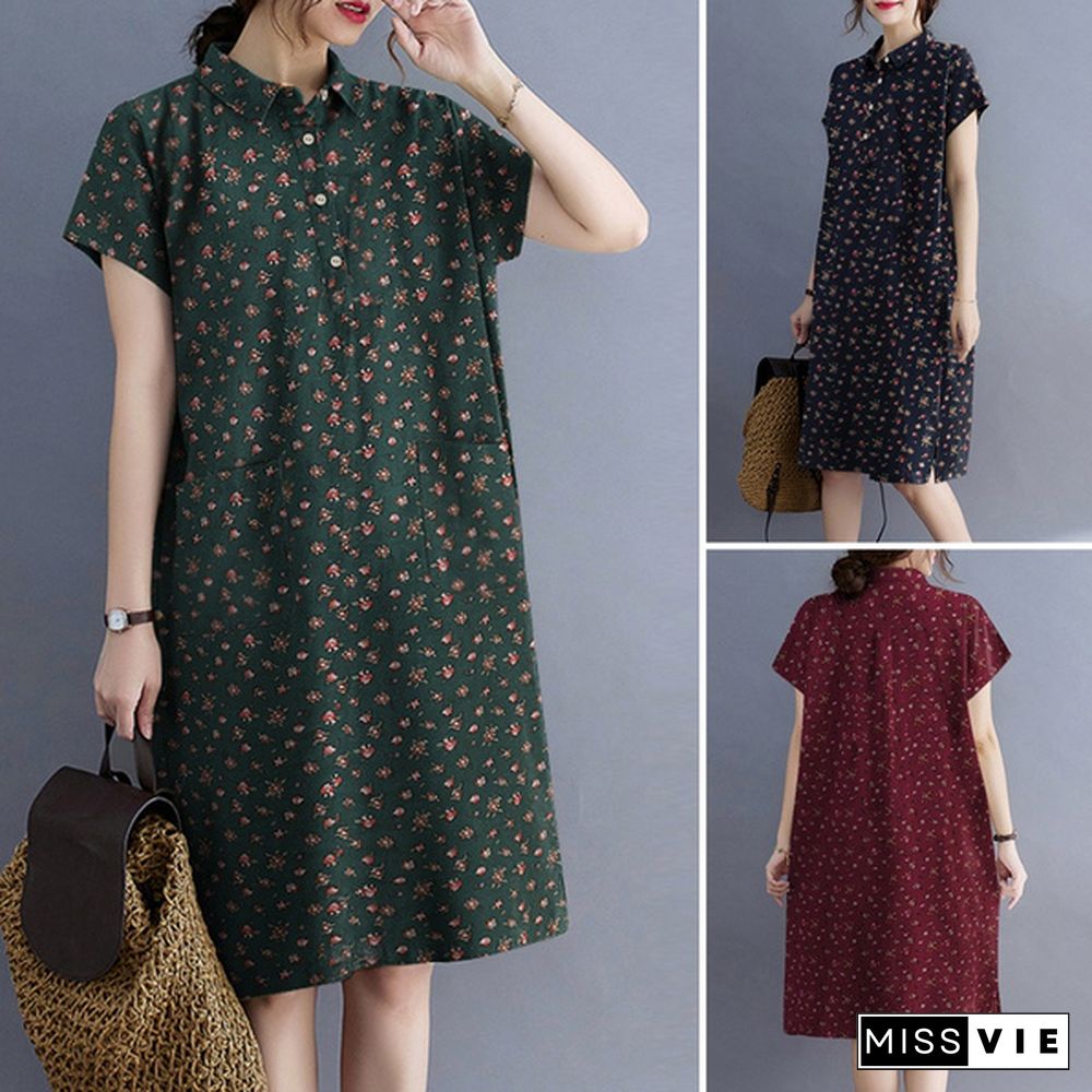 ZANZEA Women Summer Short Sleeved Floral Printed Midi Shirts Dress Holiday Loose Dresses