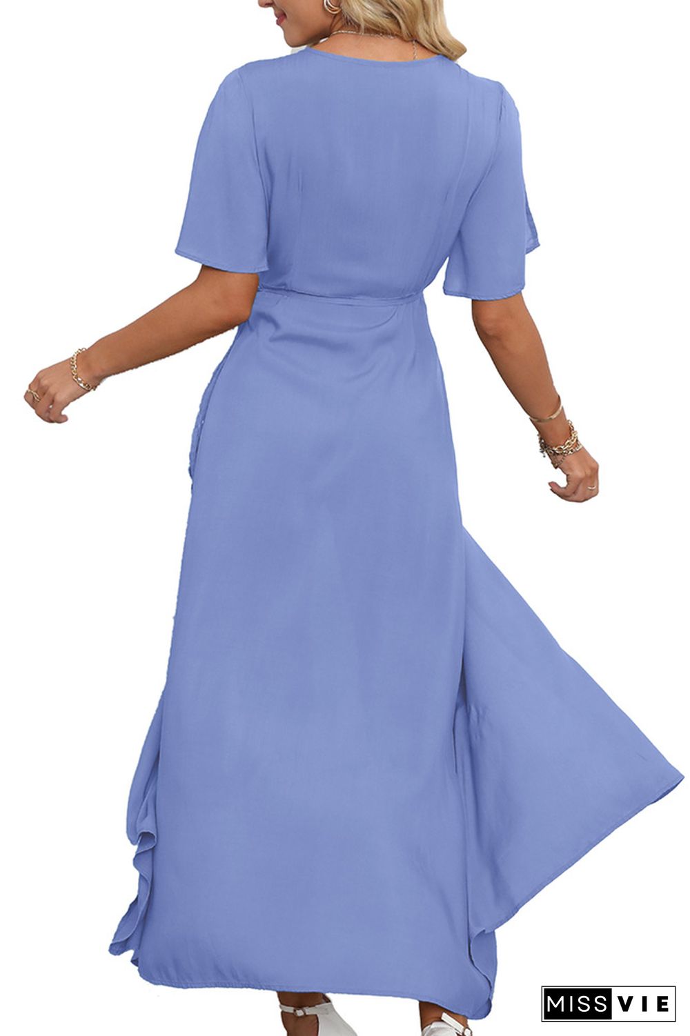 Plain Wrap V Neck Side Split With Sash Maxi Dress