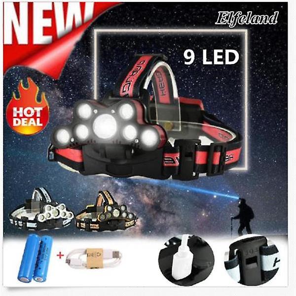 120000lm 6 Modes 9 Led Headlamp Usb Rechargeable Strong Headlamp Set Silver Gray 41813