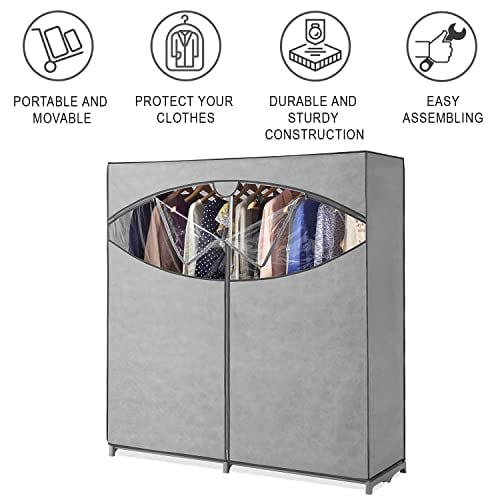 Portable Wardrobe Clothes Storage Closet - Hanging Rack - 60"W -Grey - Non Woven Material