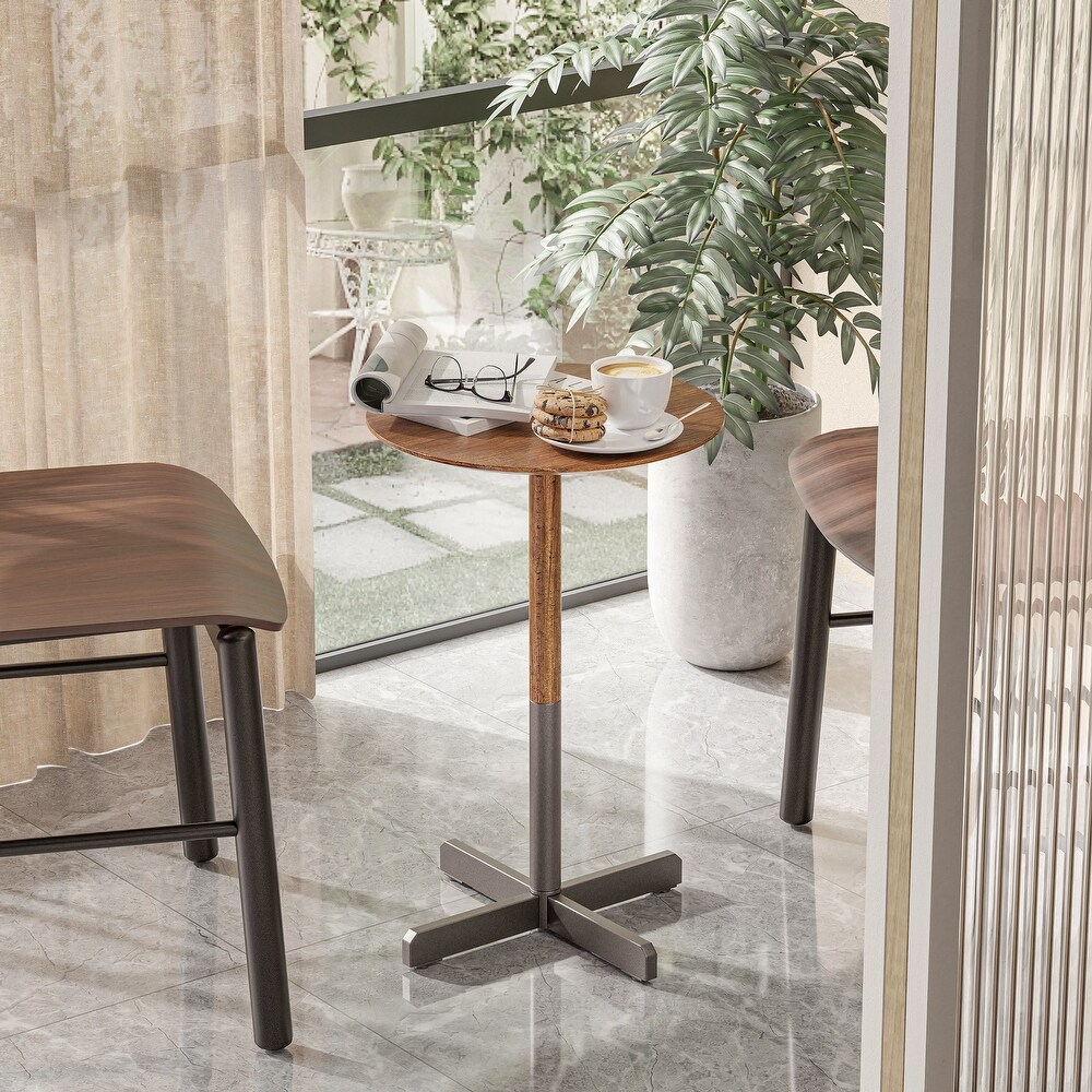 COZAYH Small Pedestal End Table  Modern Drink Table with Solid Fir Wood Table Top and Metal Base  light walnut   Dark Grey