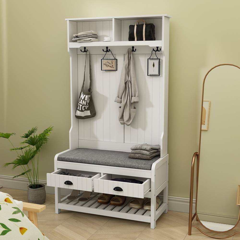 FUFUGAGA 68.5 in. White Wood 3-in-1 Hall Tree Coat Rack Storage Bench with 4-Metal Double Hooks and 2-Drawers Shelves KF020217-01