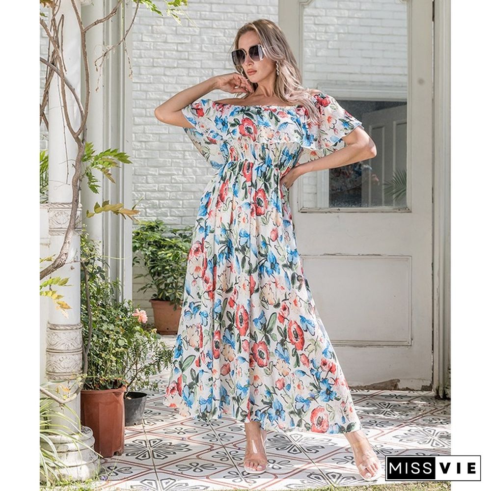 Elegant Ruffle Short Sleeve Floral Print Sexy Split Dresses Women Summer Dress New Slash Neck High Waist Long Dress