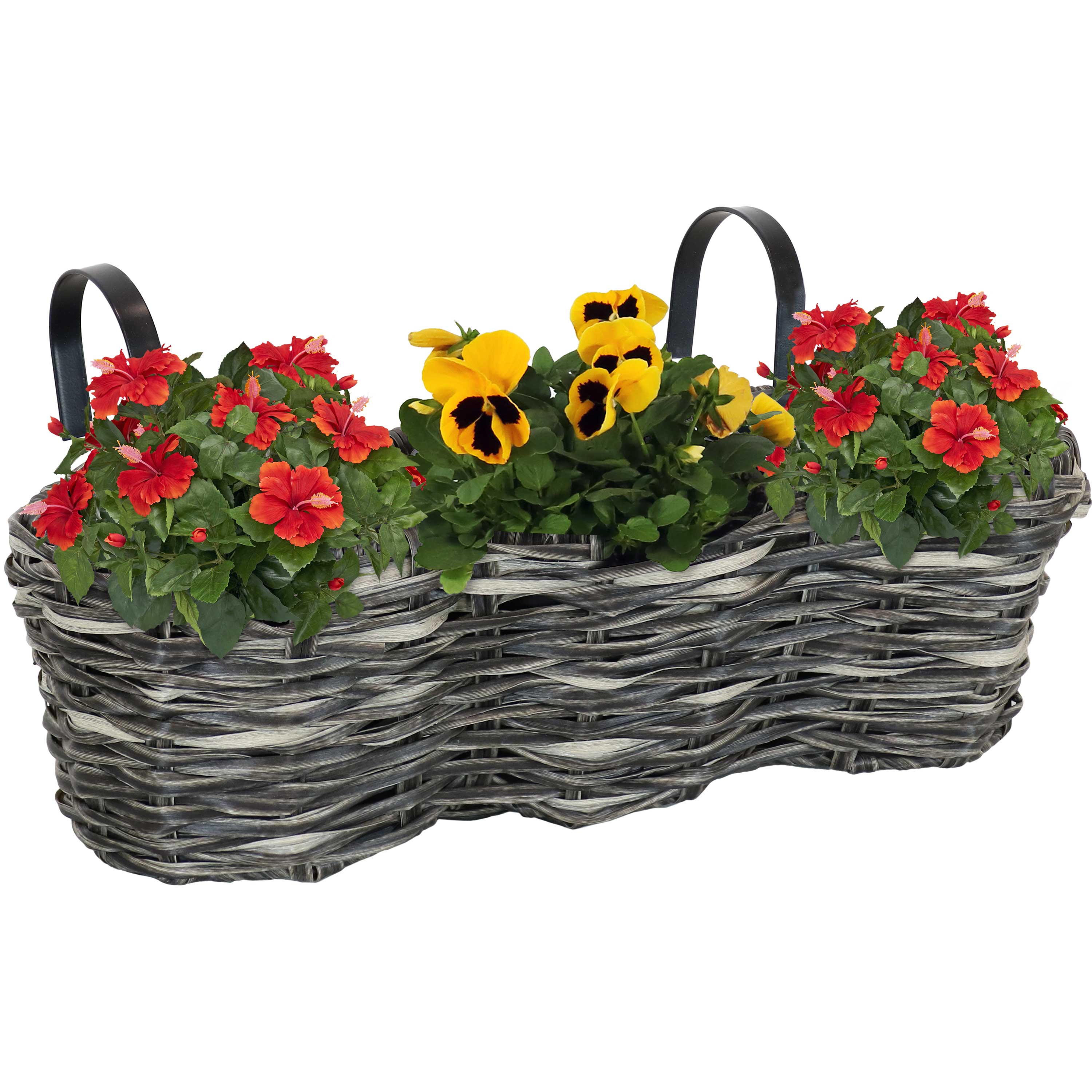 Sunnydaze Indoor/Outdoor Polyrattan Over-the-Rail Tri-Planter with 3 Round Black Plastic Liners - Charcoal