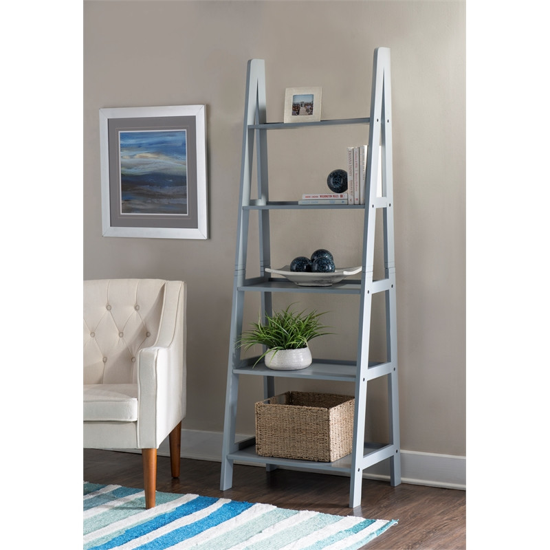 Riverbay Furniture 5 Shelf Transitional Wood Open Back Ladder Bookshelf in Gray   Transitional   Bookcases   by Homesquare  Houzz