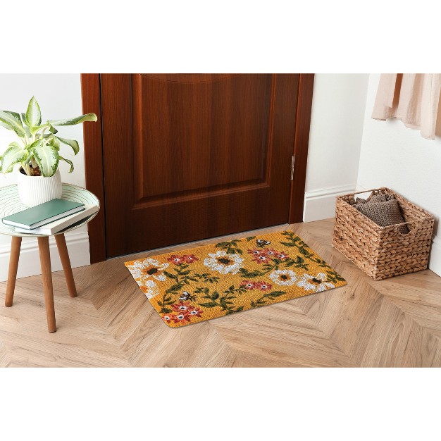 Bee With White And Orange Flowers Floral Rectangle Indoor And Outdoor Coir Door Welcome Mat Yellow Background