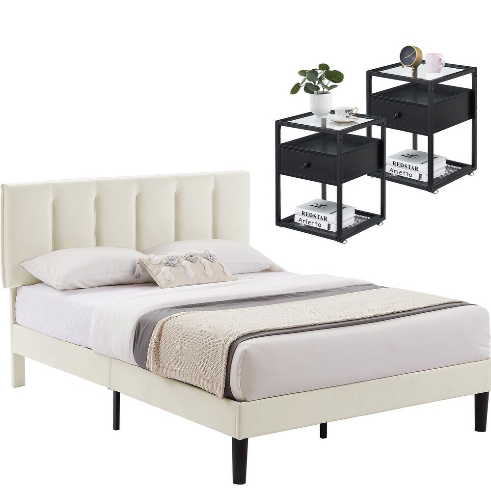 VECELO  Five Colors  3 Pieces Tufted Upholstered Platform Bed Frame with Adjustable Height Headboard and Nightstands Set of 2