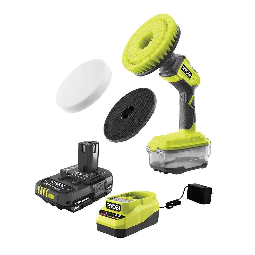 RYOBI ONE+ 18V Cordless Compact Power Scrubber Kit with 2.0 Ah Battery Charger and 6 in. Sponge Hook and Loop Kit P4510K-A95HLK