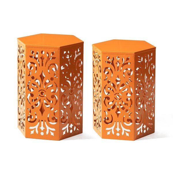 Glitzhome Set of 2 Iron Floral Pattern Outdoor Table Garden Stool