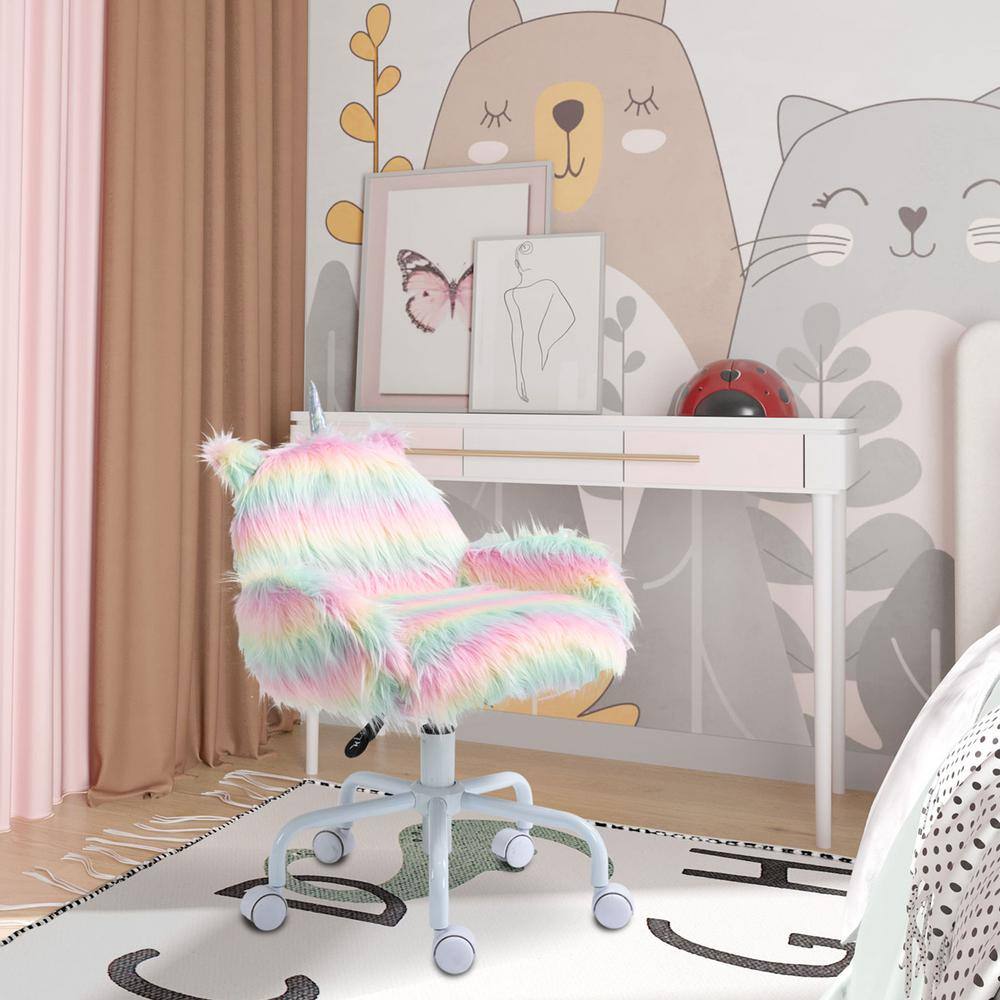 HOMCOM Rainbow color Faux Fur Unicorn Office Chair with Mid-Back and Armrest Support 833-940