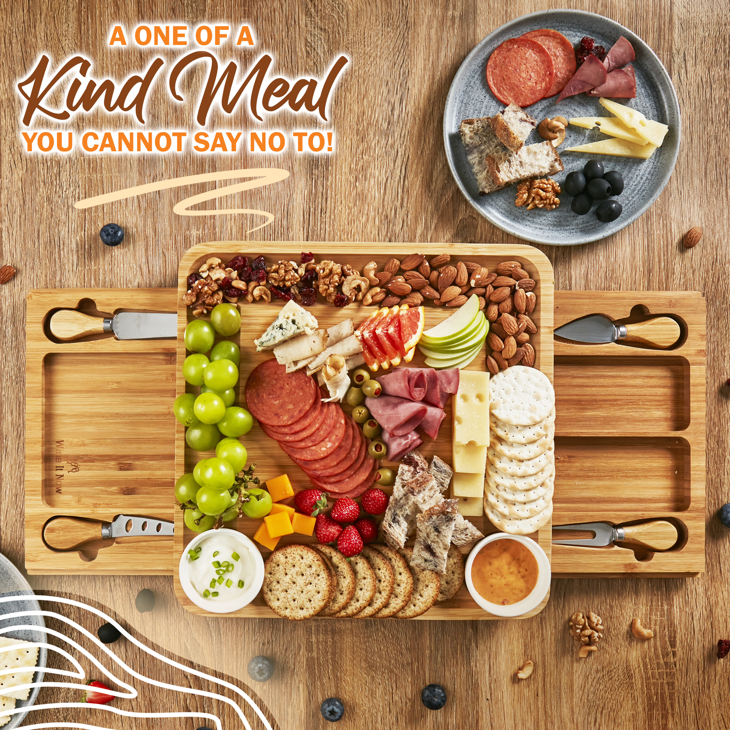 Wine It Now Bamboo Charcuterie Board Set with Slide-Out Drawers and Tools