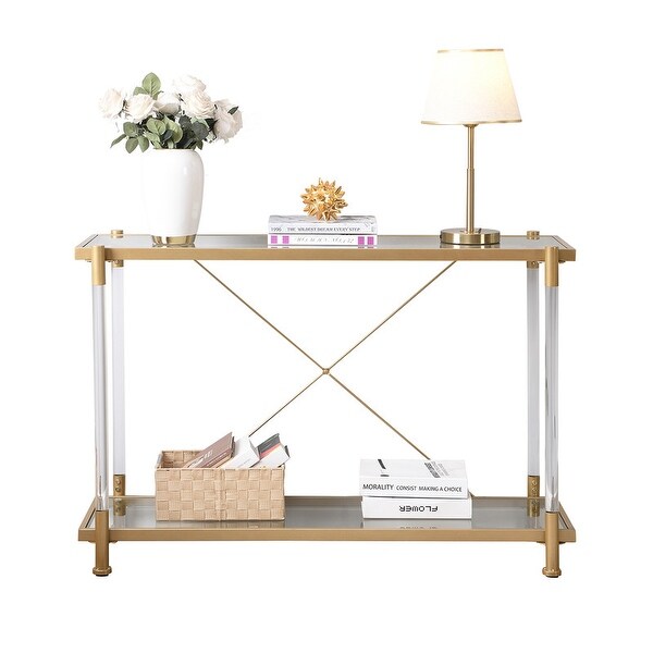 Grondin Modern Contemporary 2-Tier Console Table with Tempered Glass Top， Bottom Shelf， Steel and Acrylic Frame